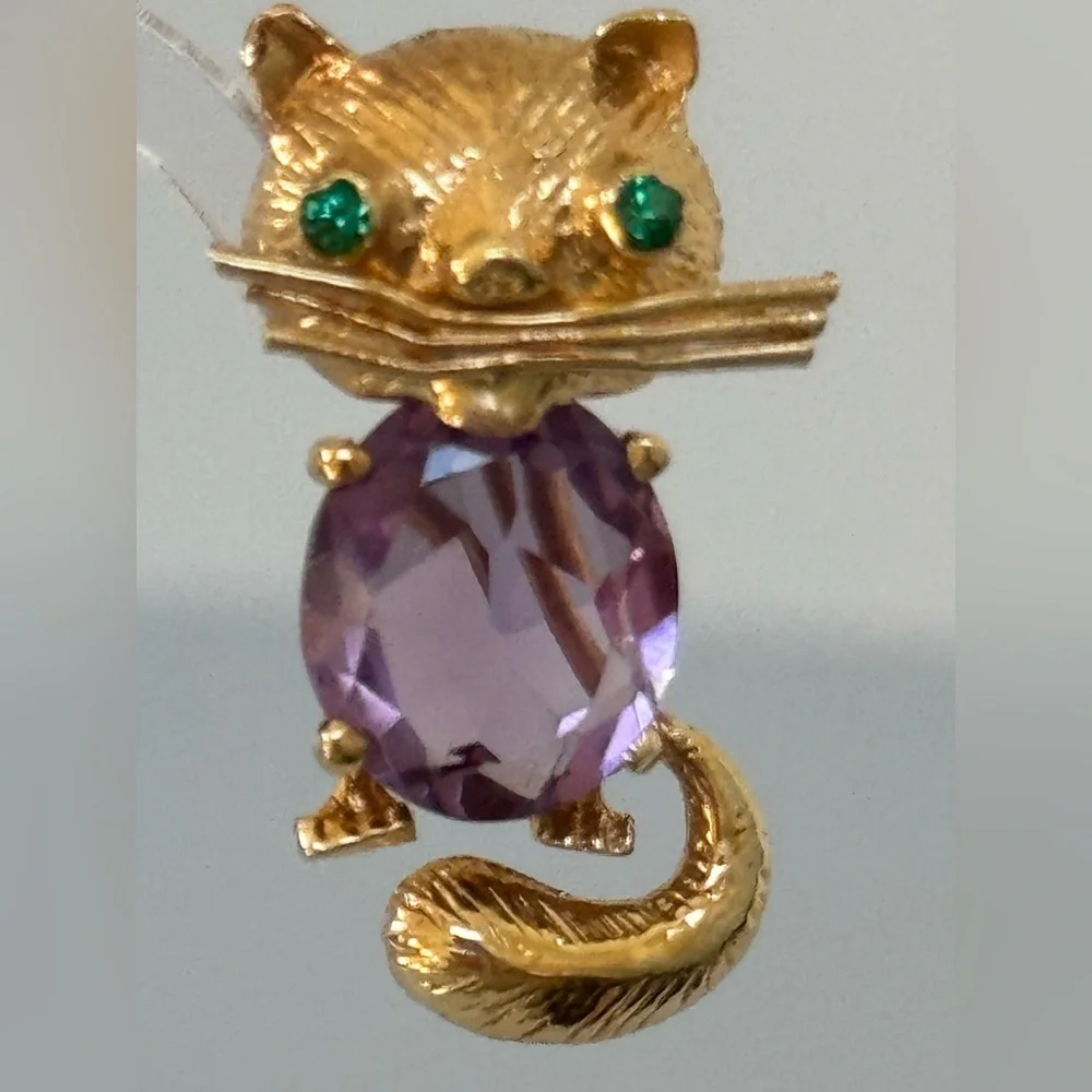 14k real solid gold amethyst emeralds eyes Cat brooch